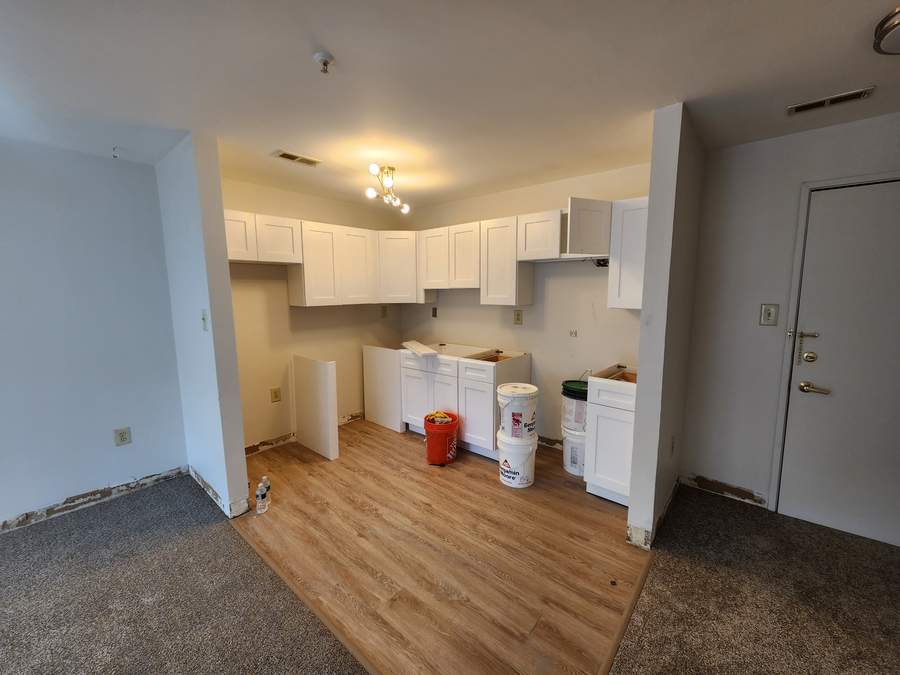 White kitchen opening to a living area